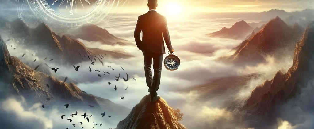 An inspired leader stands confidently atop a peak, gazing over a landscape enveloped in fog, symbolizing leadership in a VUCA (Volatility, Uncertainty, Complexity, Ambiguity) world. The leader appears composed and focused, holding a compass in one hand, embodying guidance and direction amidst challenging conditions. The background features a blend of early morning colors, hinting at the dawn of new opportunities and the potential for gaining clarity and vision amid difficulties.
