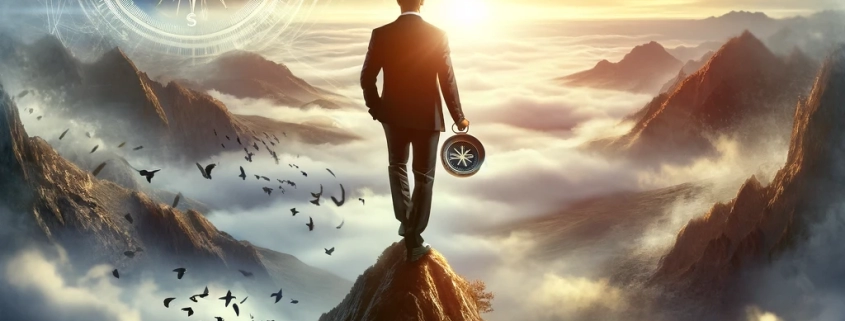 An inspired leader stands confidently atop a peak, gazing over a landscape enveloped in fog, symbolizing leadership in a VUCA (Volatility, Uncertainty, Complexity, Ambiguity) world. The leader appears composed and focused, holding a compass in one hand, embodying guidance and direction amidst challenging conditions. The background features a blend of early morning colors, hinting at the dawn of new opportunities and the potential for gaining clarity and vision amid difficulties.