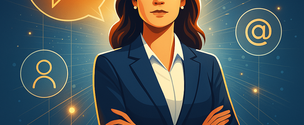 Ilustración digital de una mujer ejecutiva con postura segura y brazos cruzados, de pie bajo un haz de luz dorada. A su alrededor, se muestran íconos relacionados con la comunicación y la visibilidad profesional, como un globo de diálogo, lupa, arroba y siluetas humanas. El fondo azul oscuro con puntos de luz refuerza el enfoque en liderazgo, posicionamiento y marca personal.