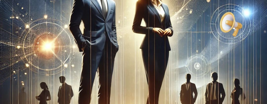 Ilustración digital profesional que muestra a una mujer y un hombre de negocios en el centro de un escenario iluminado, simbolizando visibilidad ejecutiva.