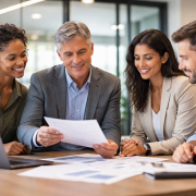 Working team members aligning priorities through shared review and discussion, illustrating how collaborative relationships support decision-making and performance in a professional work environment.