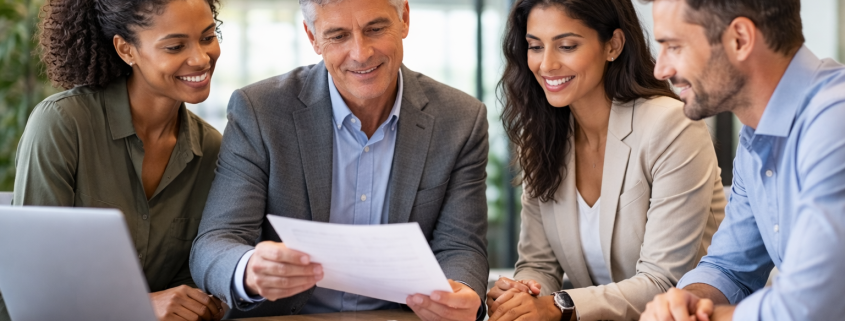 Working team members aligning priorities through shared review and discussion, illustrating how collaborative relationships support decision-making and performance in a professional work environment.